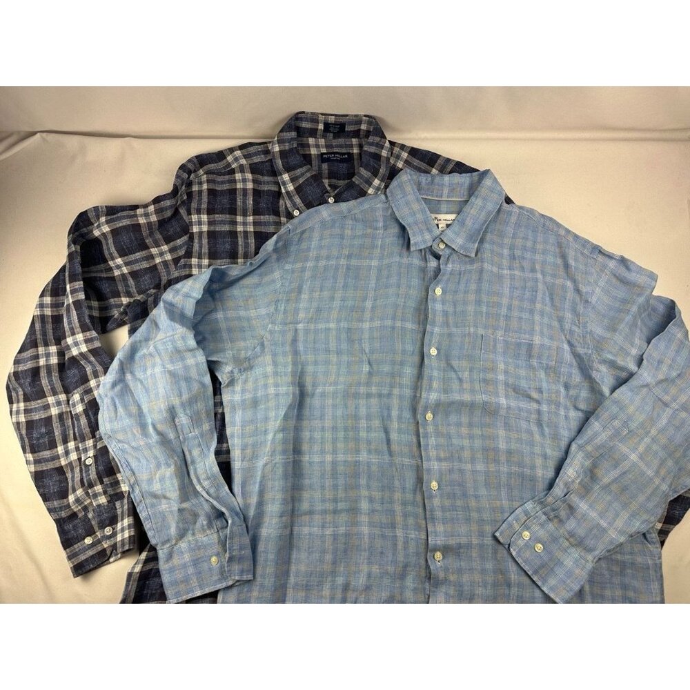 Peter Millar Bundle Lot of 2 Shirt Mens XL Blue Plaid 100% Linen Long Sleeve But